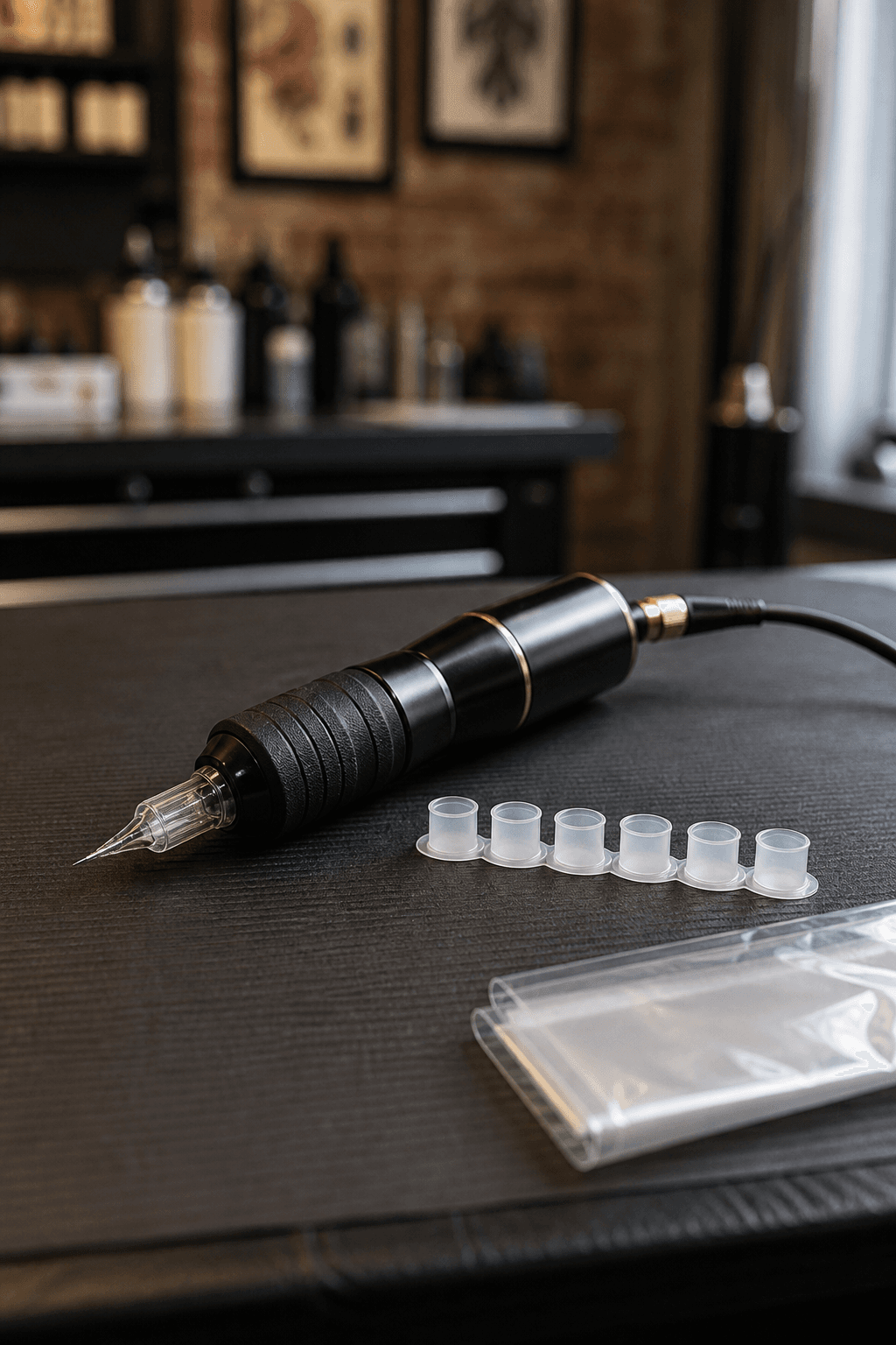 Máquina de tatuagem em uma bancada de estúdio